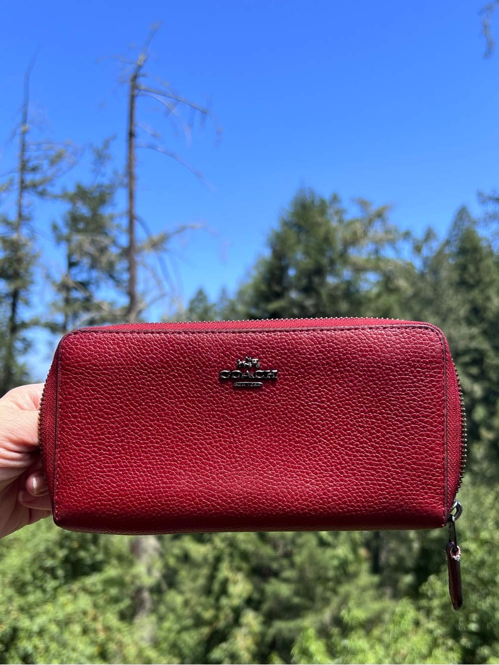 COACH Long Zip-Around Wallet Pebble Leather RED with Silver Hardware AUTHENTIC